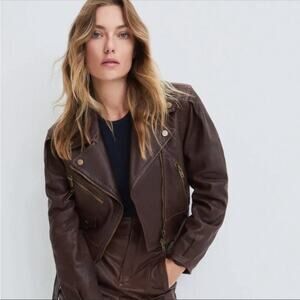 Veronica Beard Marea Brown Leather Motto Jacket cropped 4